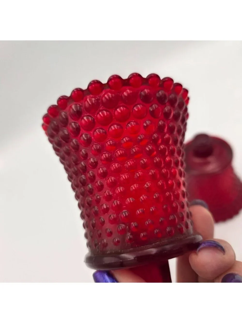 Ruby Red Glass Hobnail Peg Votive Candle Holders UV Reactive Vintage Pair